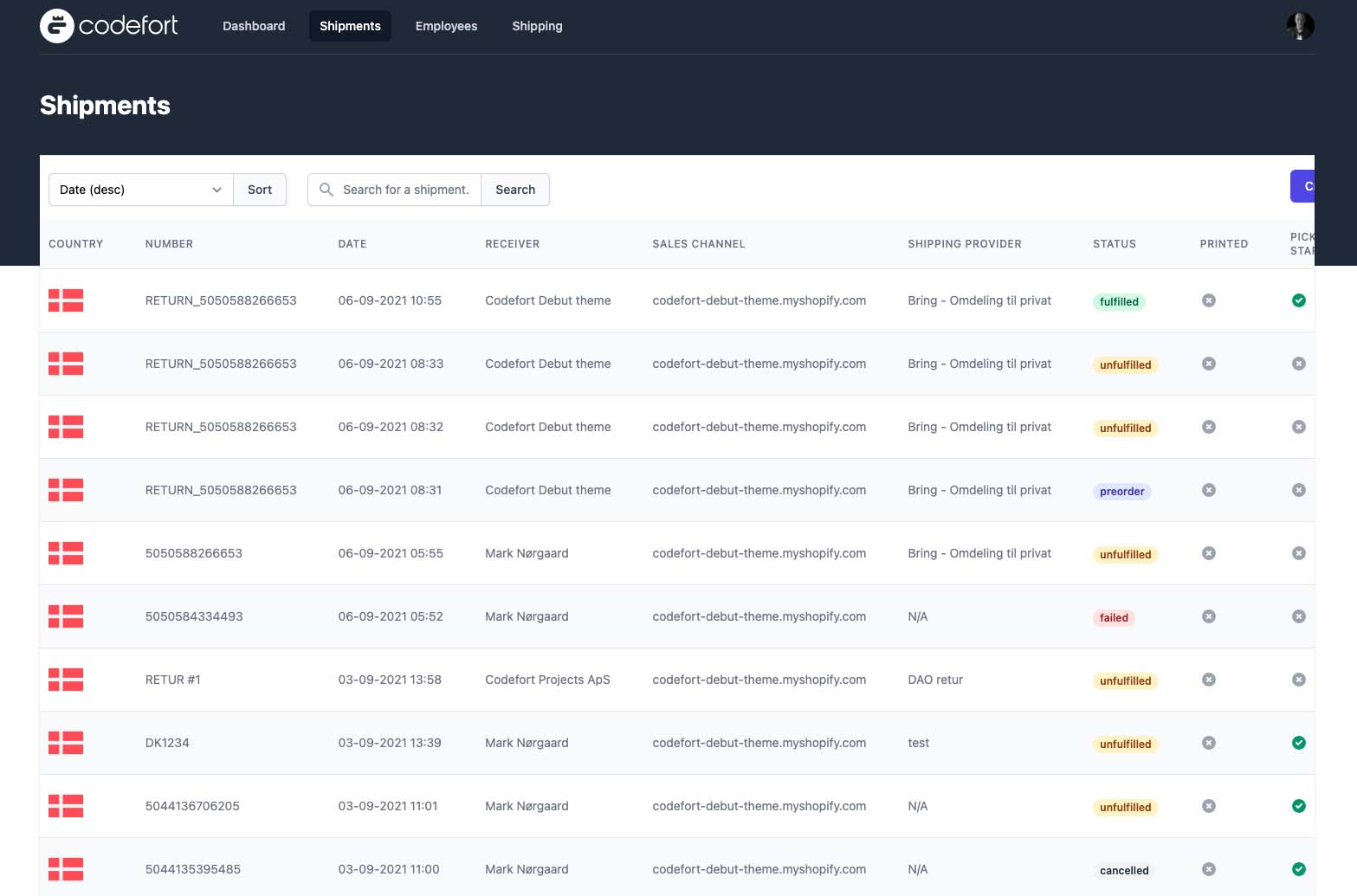 Codefort WMS shipments screenshot